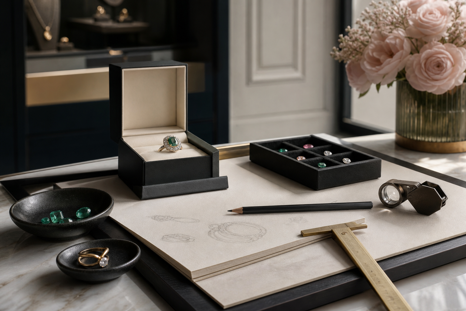 Private jewelry consultation table with ring box and gemstone samples
