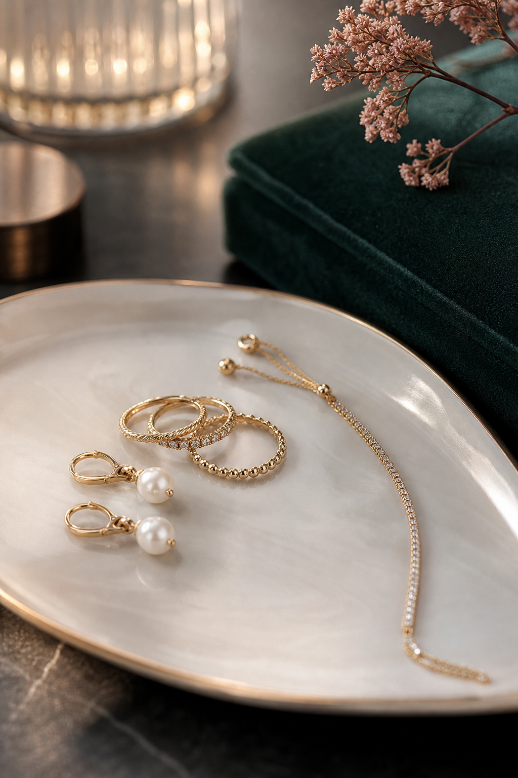 Fine jewelry pieces arranged on porcelain and emerald velvet